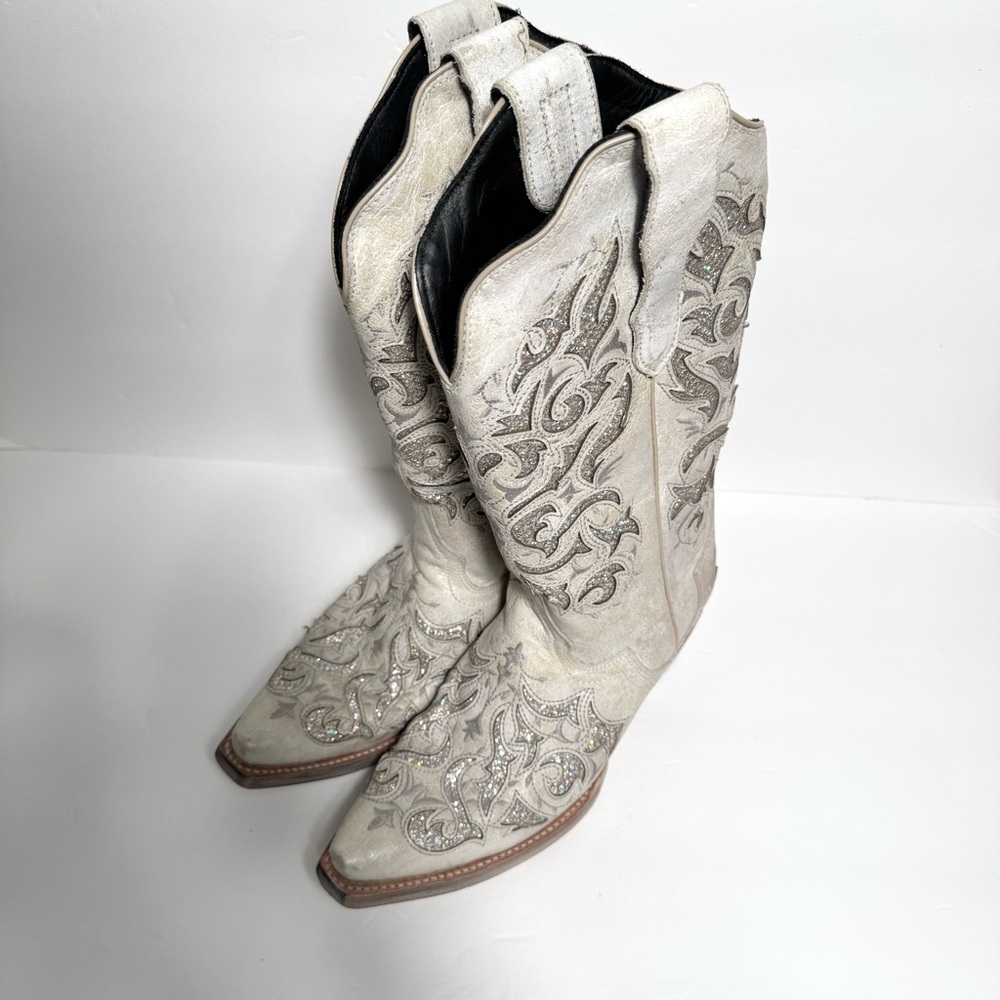 Women's White Glitter Inlay Embroidered Western Boots Size 7.5